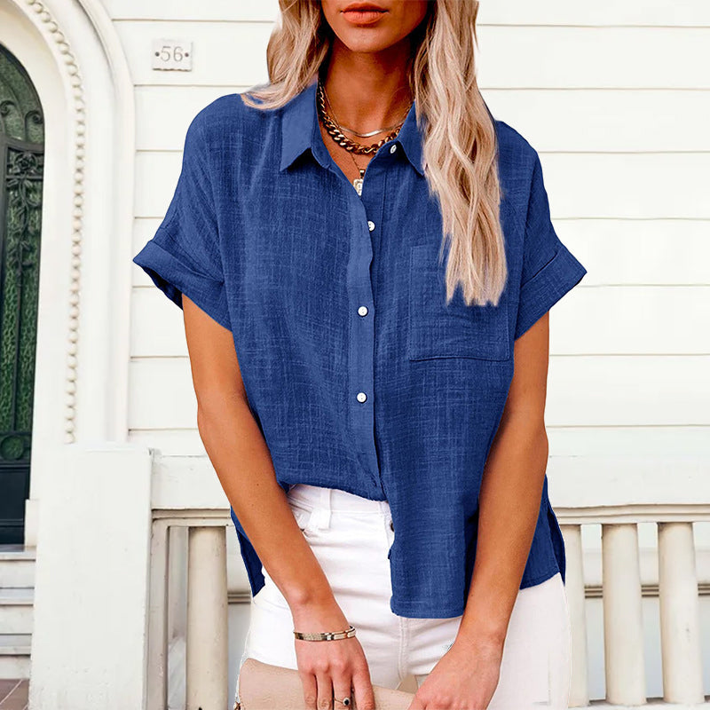 Women's Solid Color Pocket Short Sleeve Cotton Linen Shirt