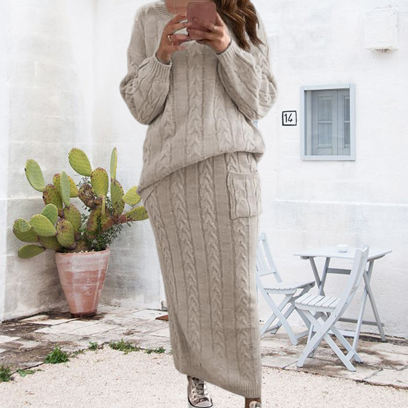 Cable Knit Patched Pocket Skirt Set