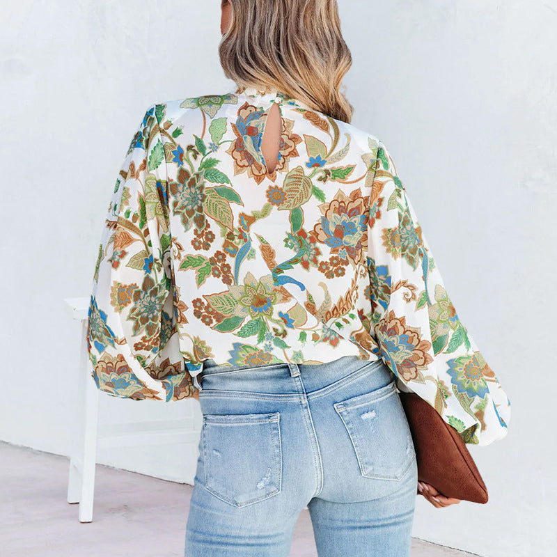 Stand Collar Balloon Sleeve Shirt