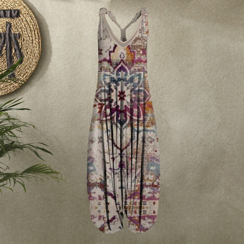 Women Summer Pattern Sleeveless Harem Jumpsuit