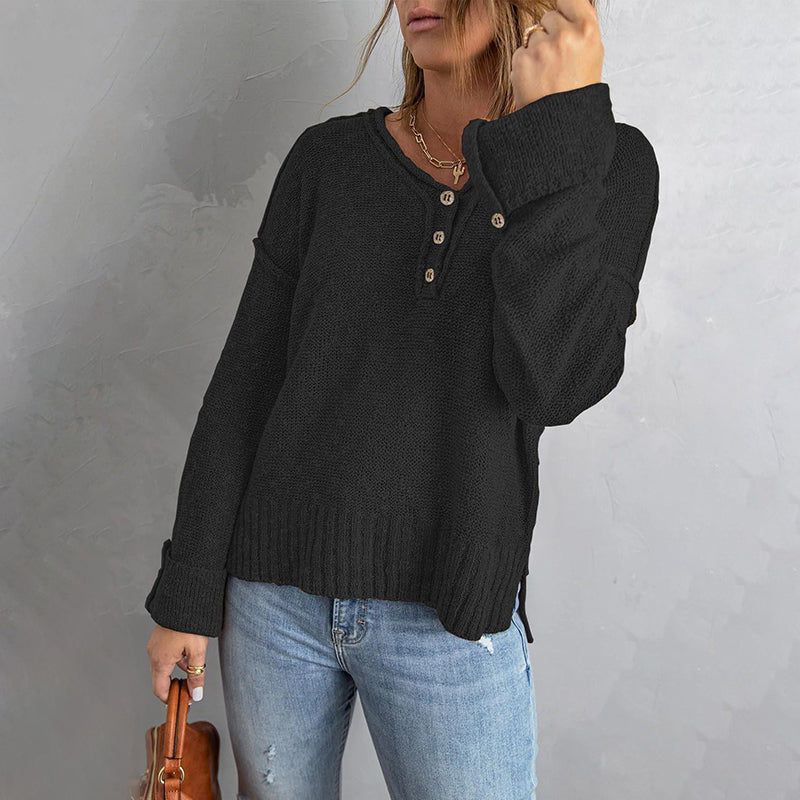 Button Knit Dropped Shoulder Sweater