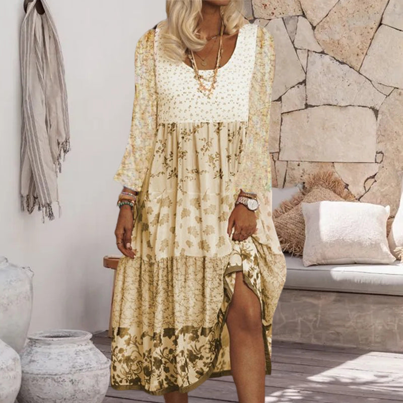 Casual Floral Print Short Sleeve Crew Neck Midi Dress