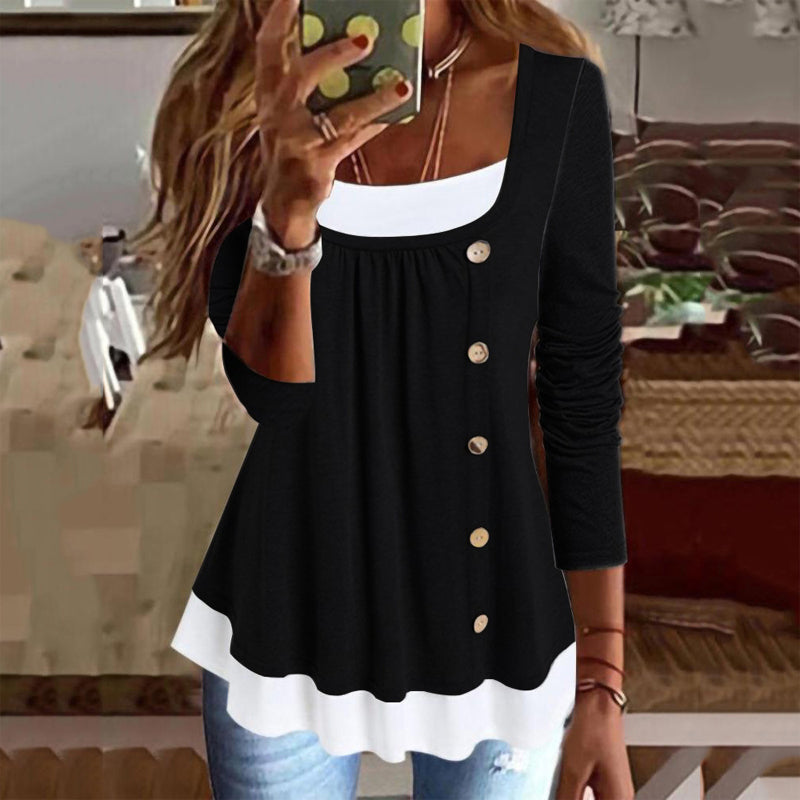 Round Neck Long Sleeve Color Block Button T-Shirt