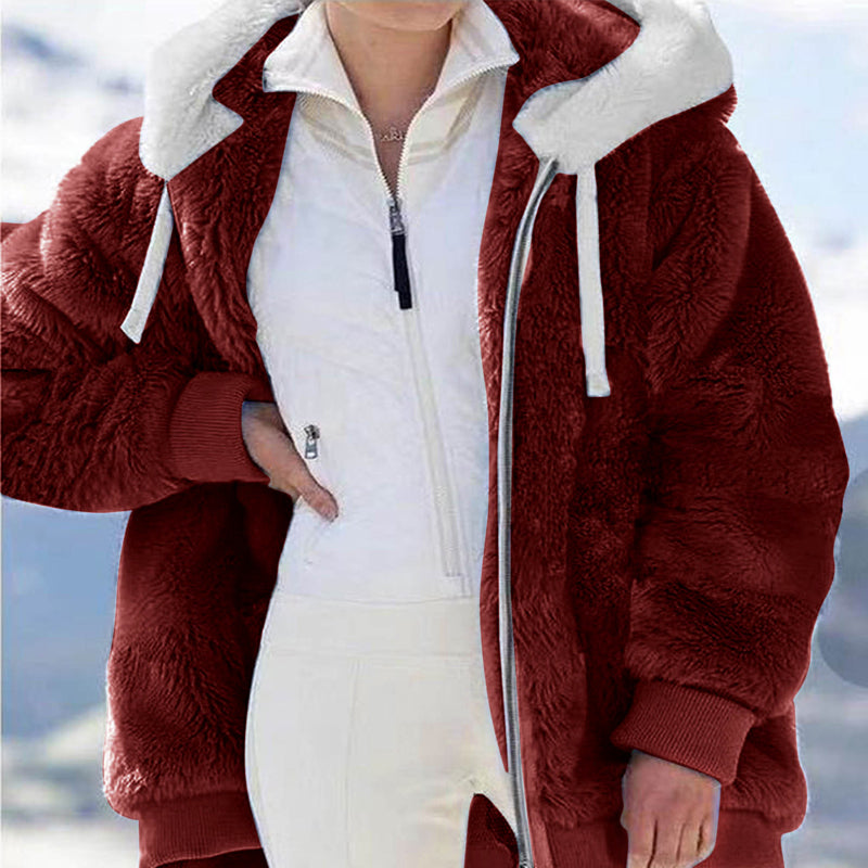 Women Loose plush zipper hooded jacket