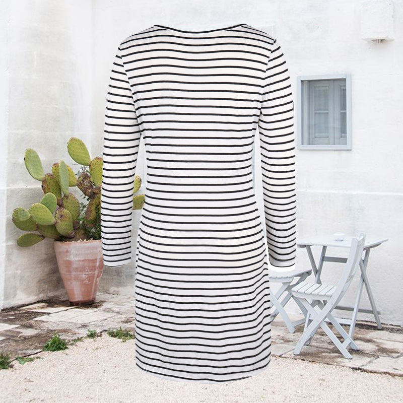 Cord Tie Striped Long Sleeve Dress