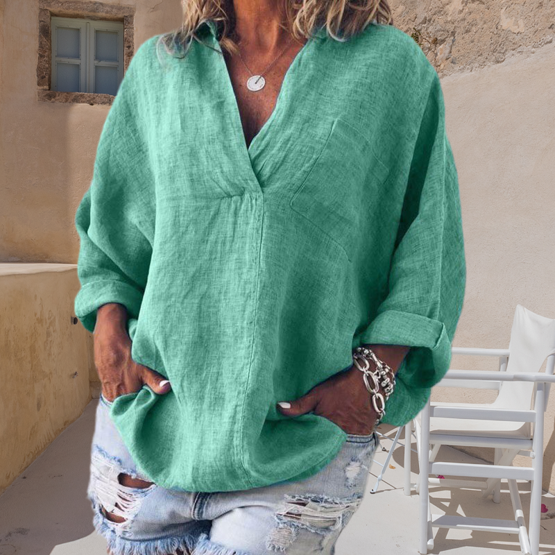 Oversized Loose Long Sleeve V-Neck Linen Shirt