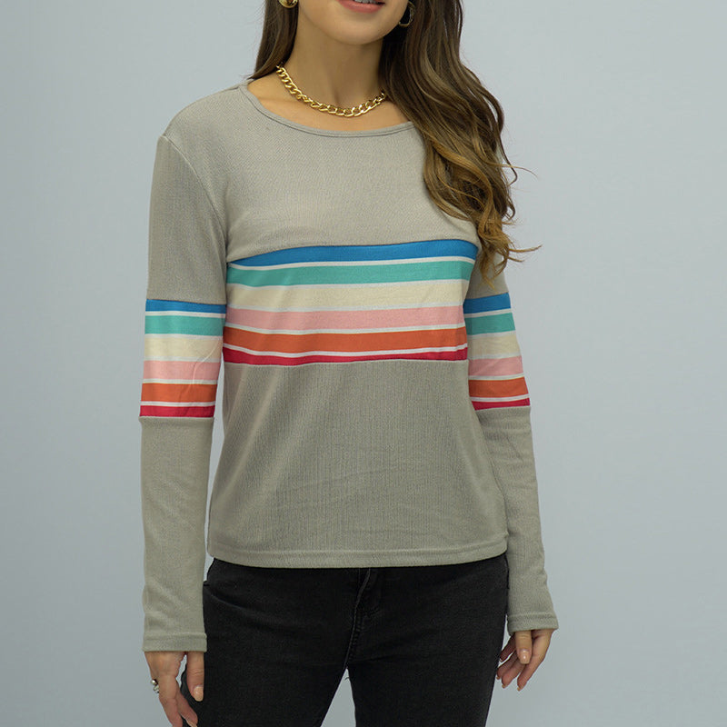 Crew Neck Long Sleeve Rainbow Stripe Panel T-Shirt