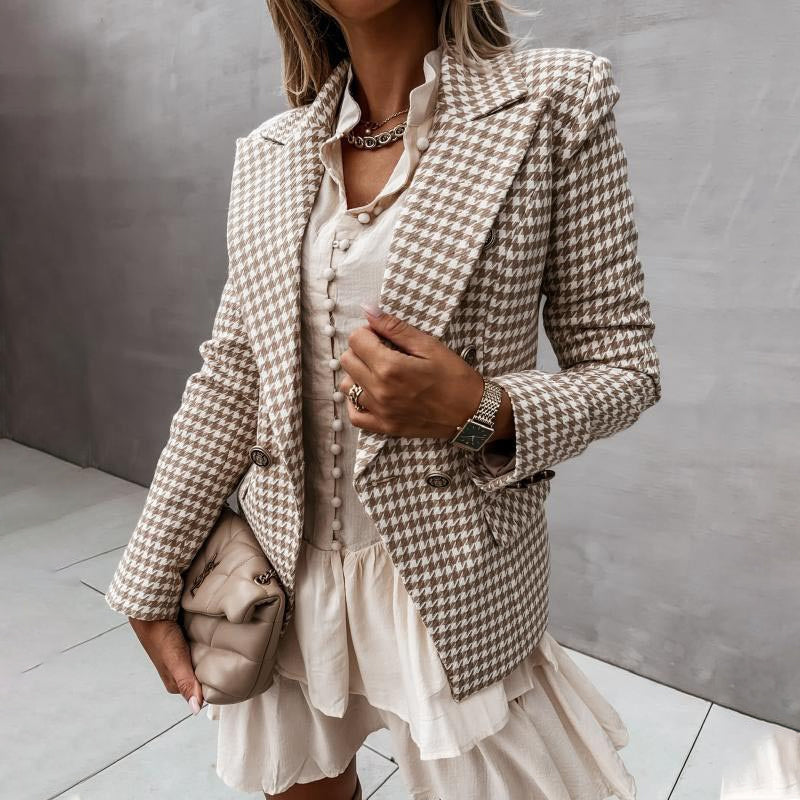 Women's Fashion Long Sleeve Suit Plaid Jacket