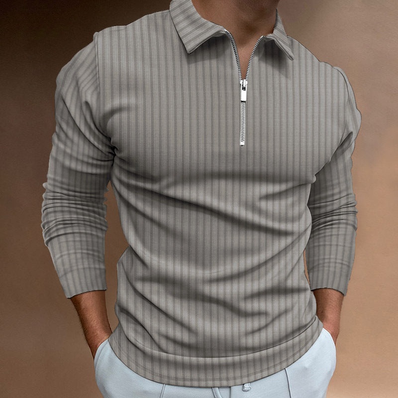Polo Shirt Zipper Stripe Long Sleeve Men's Polo Shirt