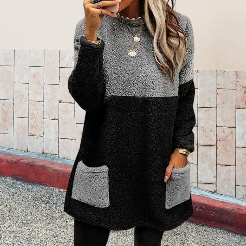 Round Neck Panels Pockets Long Sleeves Suede Sweatshirt