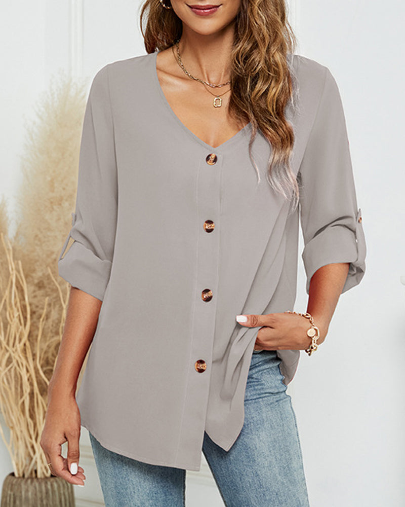 Solid V-Neck Button-Up Shirt