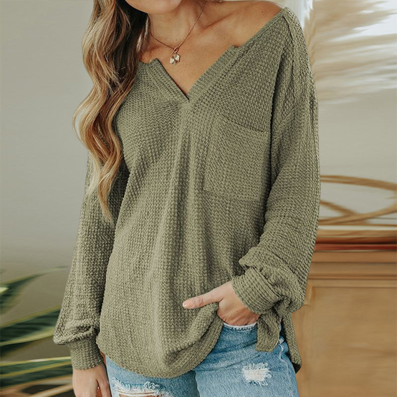 Solid Color V-Neck Pullover Long Sleeve Knit Sweater