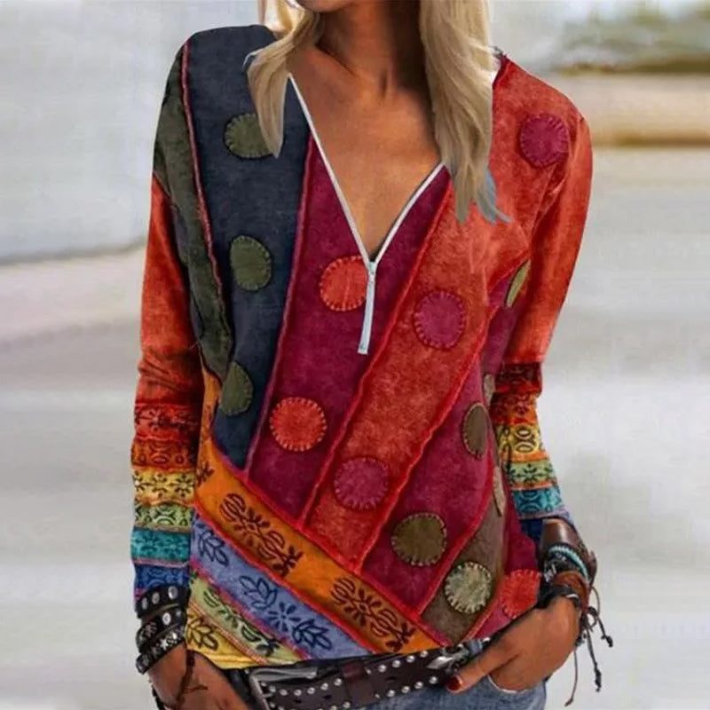V Neck Abstract Long Sleeve Shift Shirts & Tops