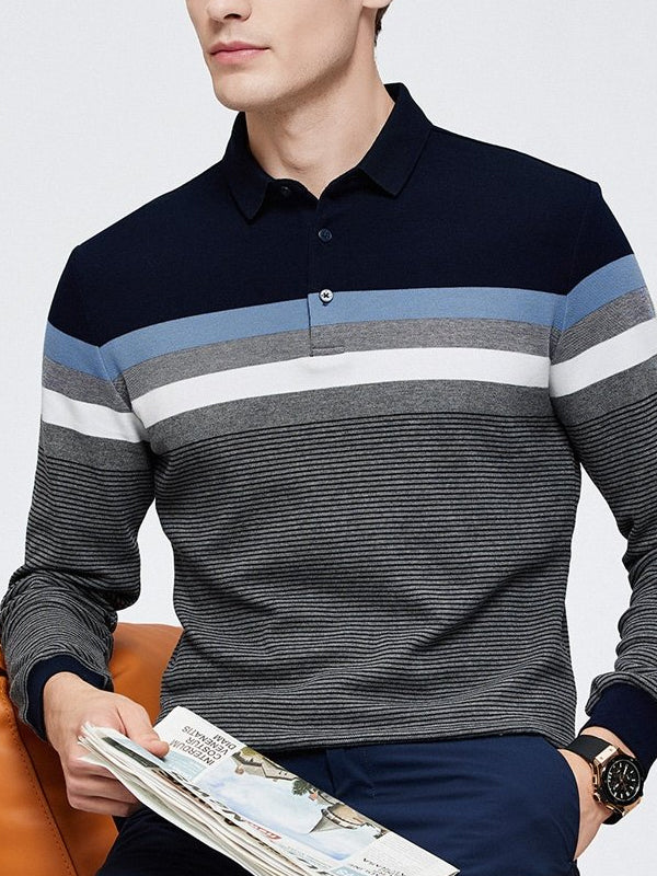 Men's Lapel Cotton Striped Long Sleeve POLO Shirt