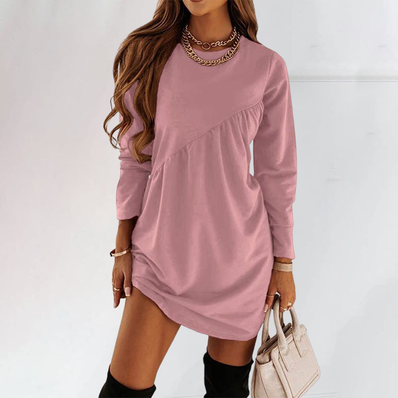 Solid Color Long Sleeved Irregular Crewneck Dress