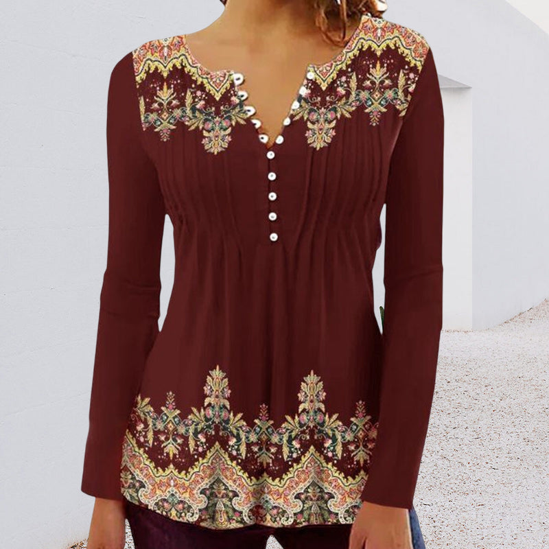 Round Neck Button Print Long Sleeve Top