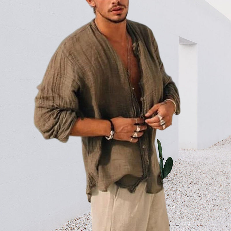 Men's Linen Simple Design Long Sleeve Shirt