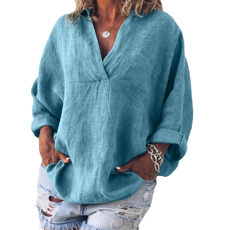 Oversized Loose Long Sleeve V-Neck Linen Shirt