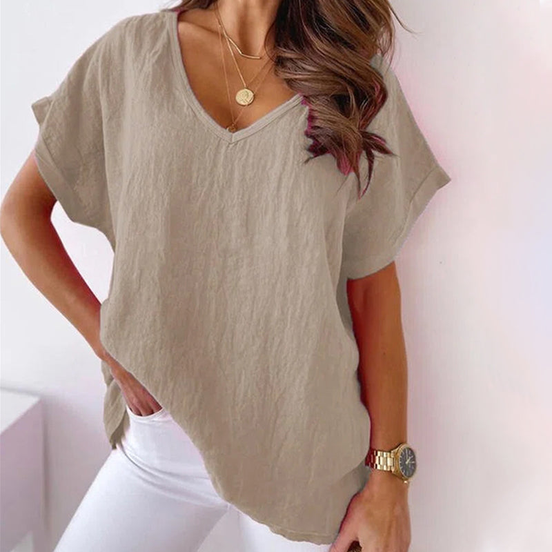 V-neck Cotton and Linen Shirt