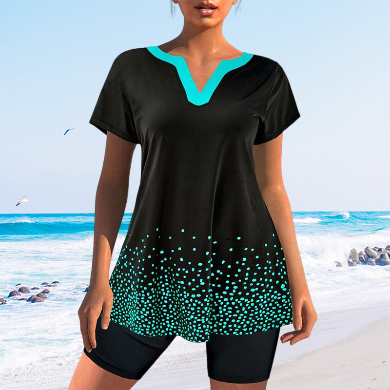 Conservative V Neck Polka Dot Swimsuit