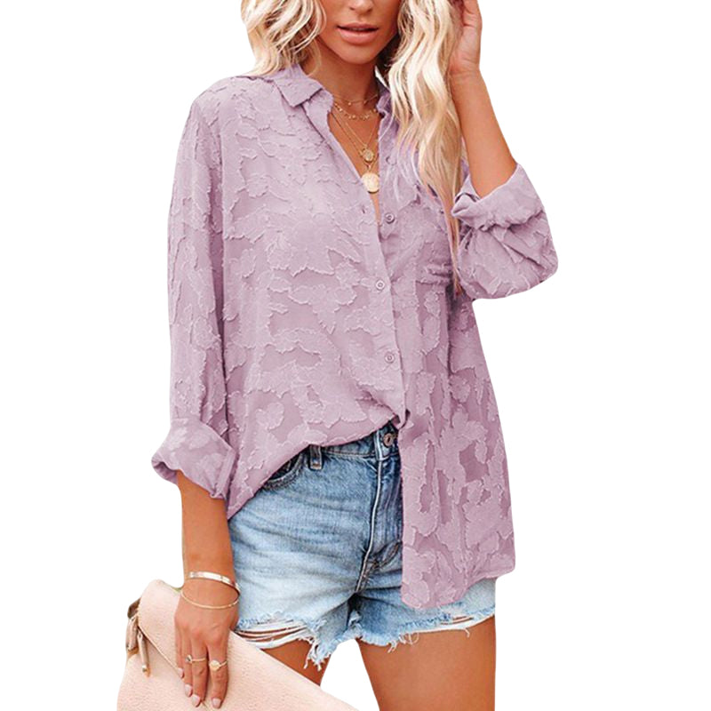 Solid Color Cutout Chiffon Jacquard Button Long Sleeve Shirt