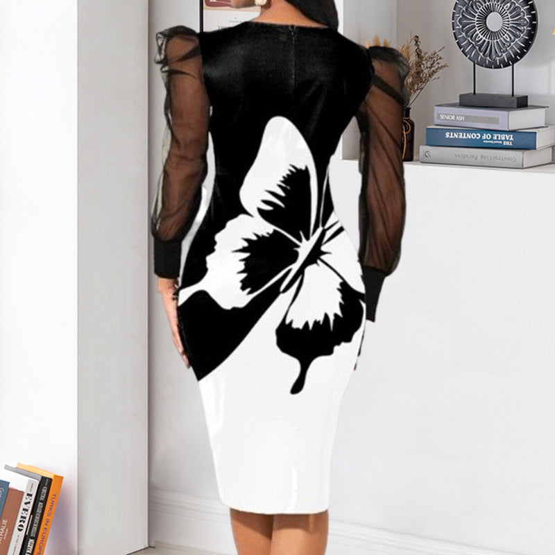 Mesh Long Sleeve Butterfly Print Pencil Dress