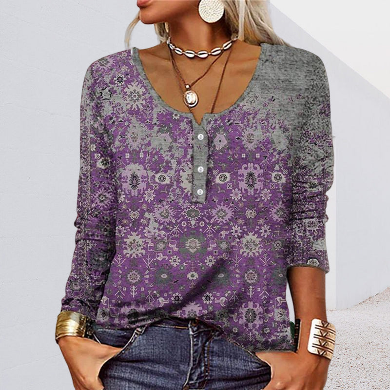 Long-sleeved U-neck Top with Buttons