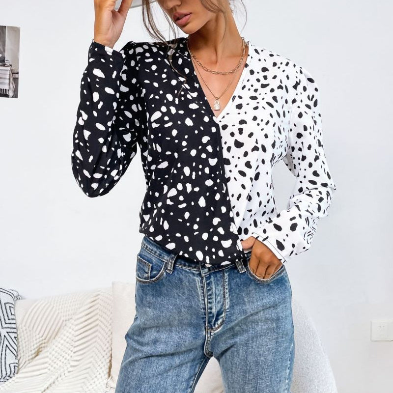 Stone Pattern V-Neck Long Sleeve Shirt