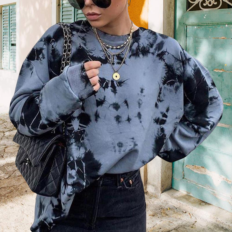 Loose Crew Neck Sweatshirt For Women In Tie-dye Style