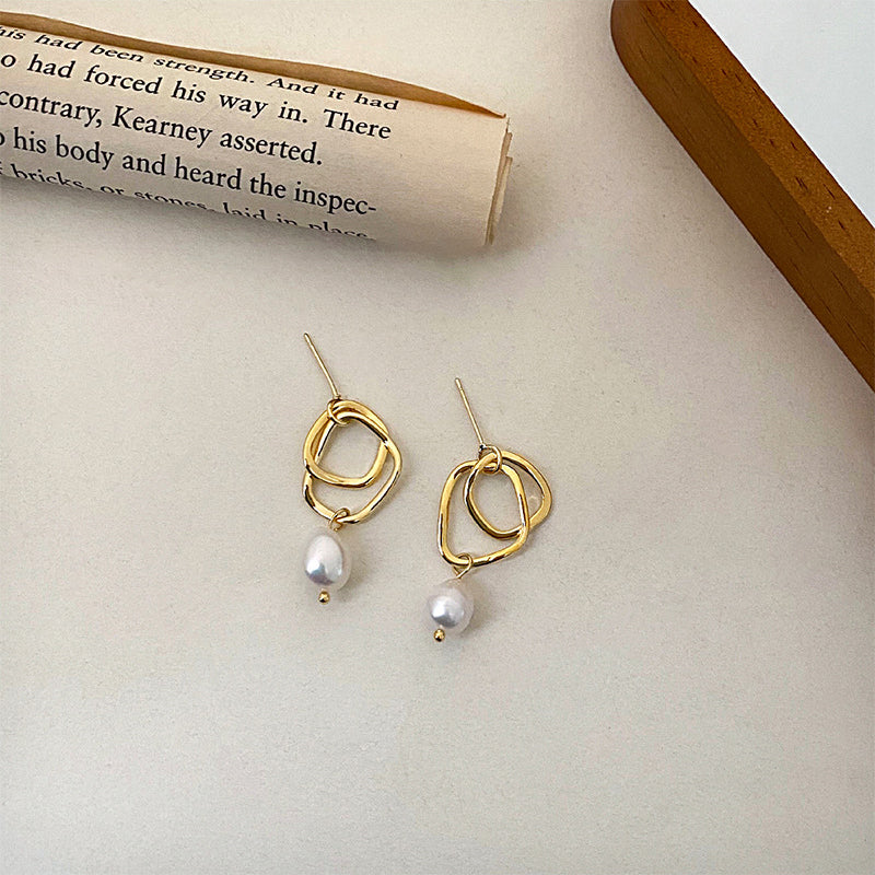 Hammered Double Circle Pearl Earrings