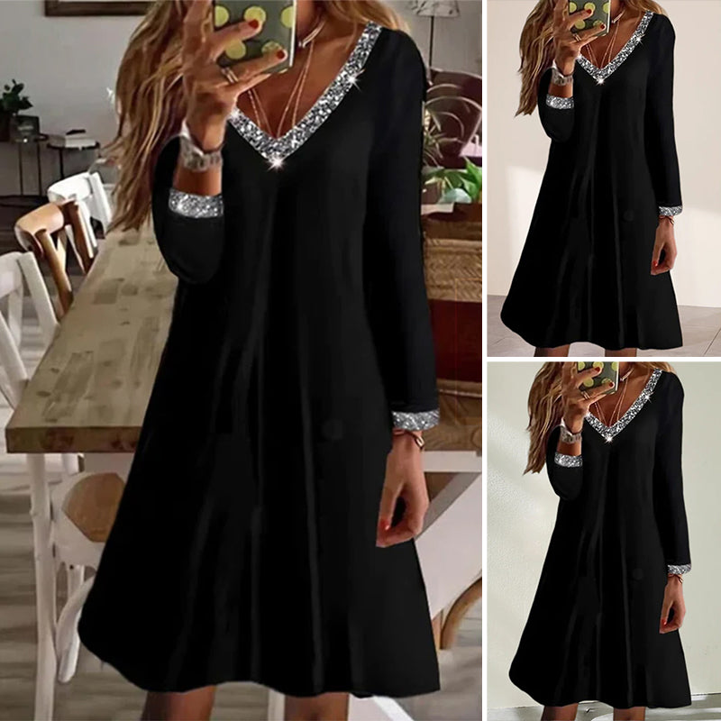 Long-sleeved Dress with V-neckline