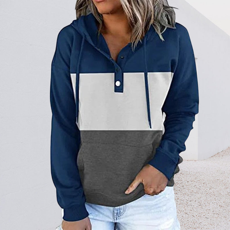 Ladies Colorblock Fleece V-Neck Hooded Drawstring Pullover Sweatshirt