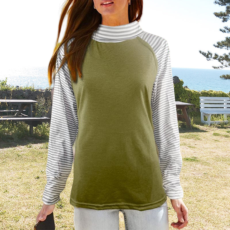 Paneled Long Sleeves Stacked Collar Striped Sweatshirt