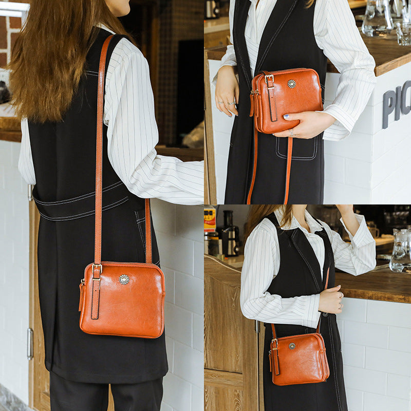 Double Zipper Oil Wax Leather Bag