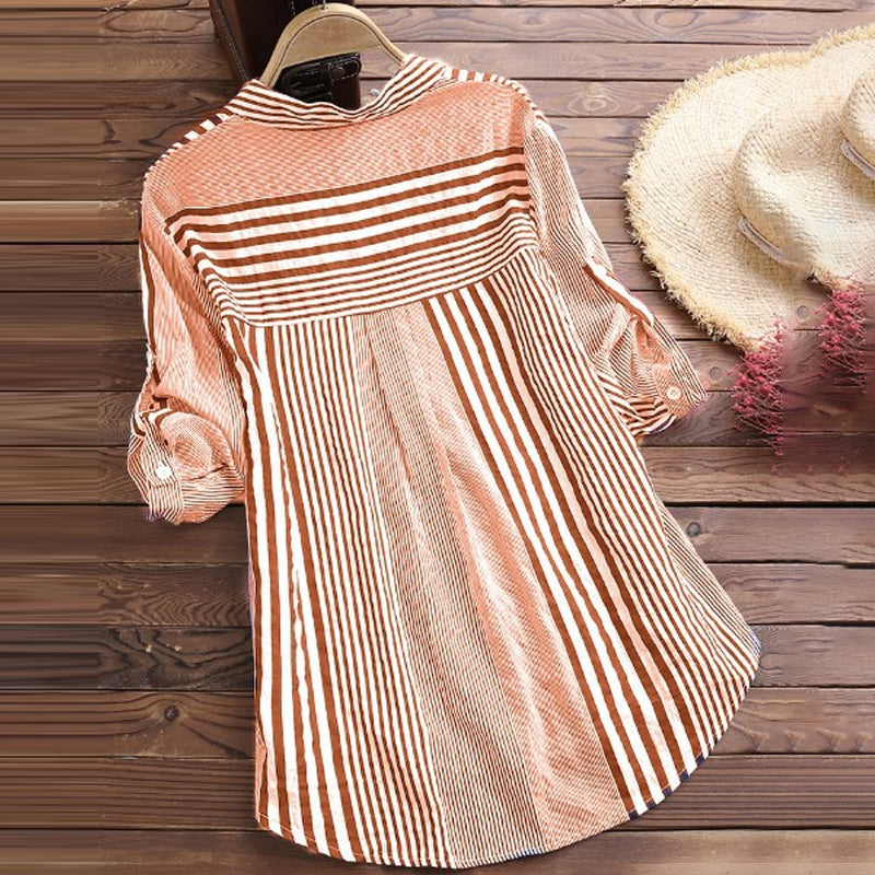 Stripe Print Stand Collar 3/4 Sleeves Blouse