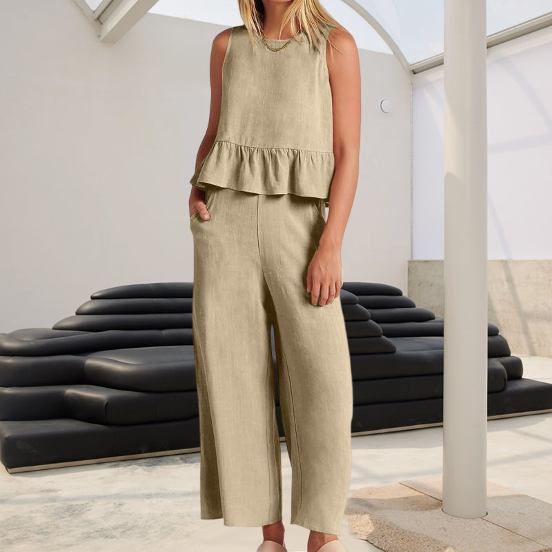Women Sleeveless pleated tank top wide leg pants set