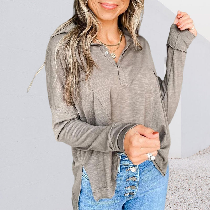 Solid Color V Neck Long Sleeve Loose Casual T-Shirt