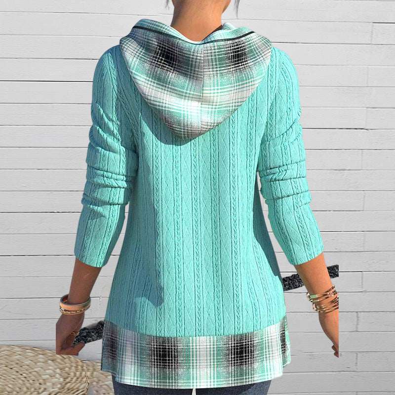 Hooded Plaid Knit Top