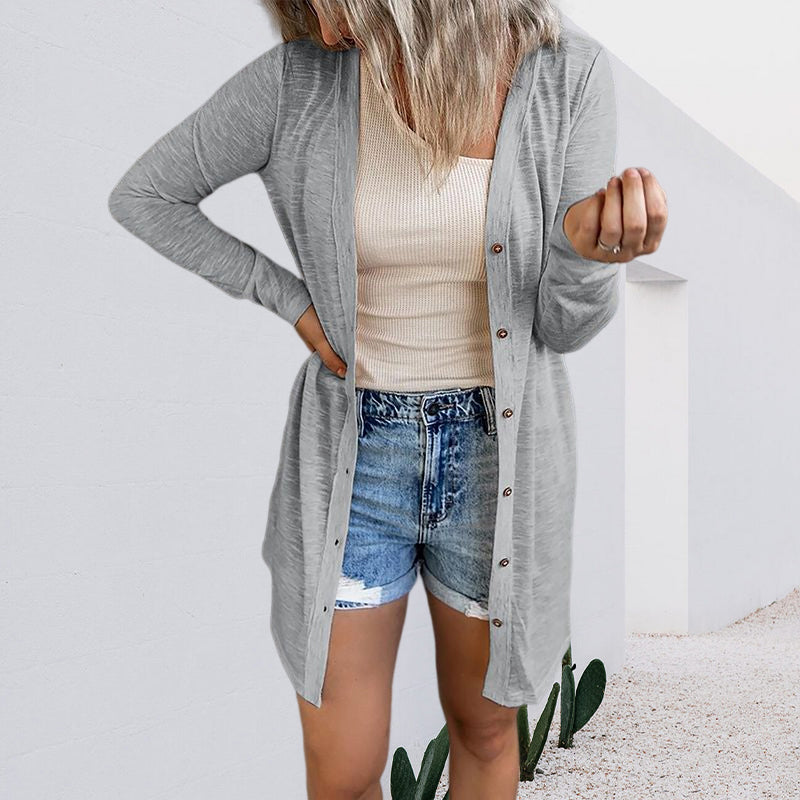 Button Solid Long Sleeve Cardigan
