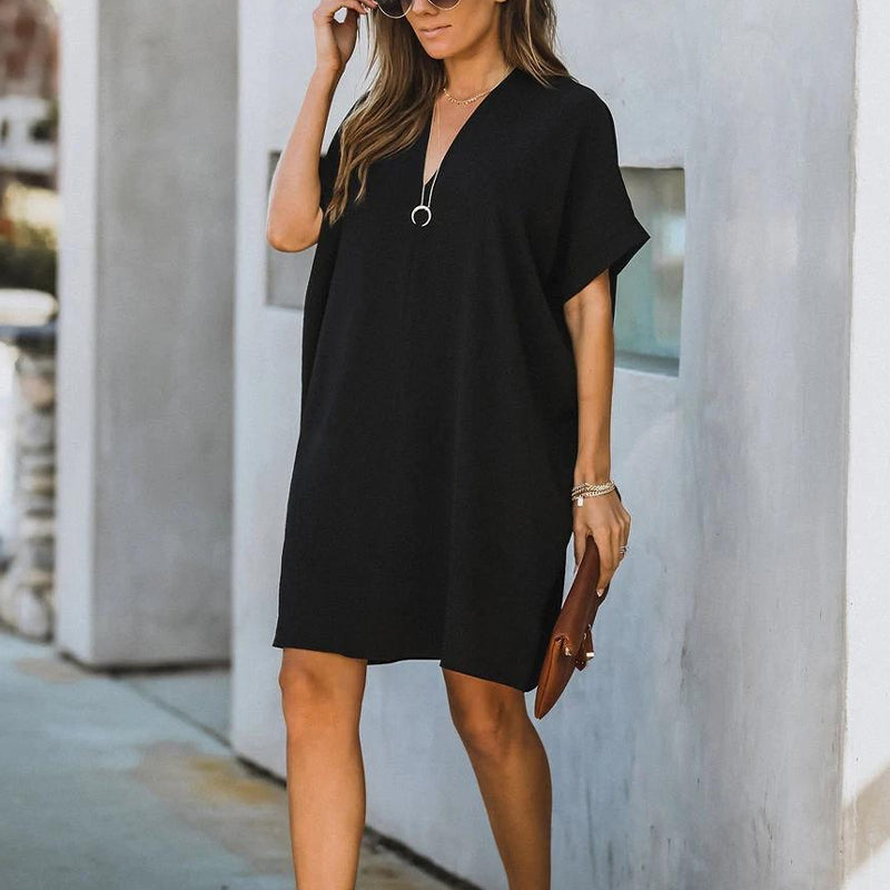 V Neck Short Sleeve Solid Color Loose Dress