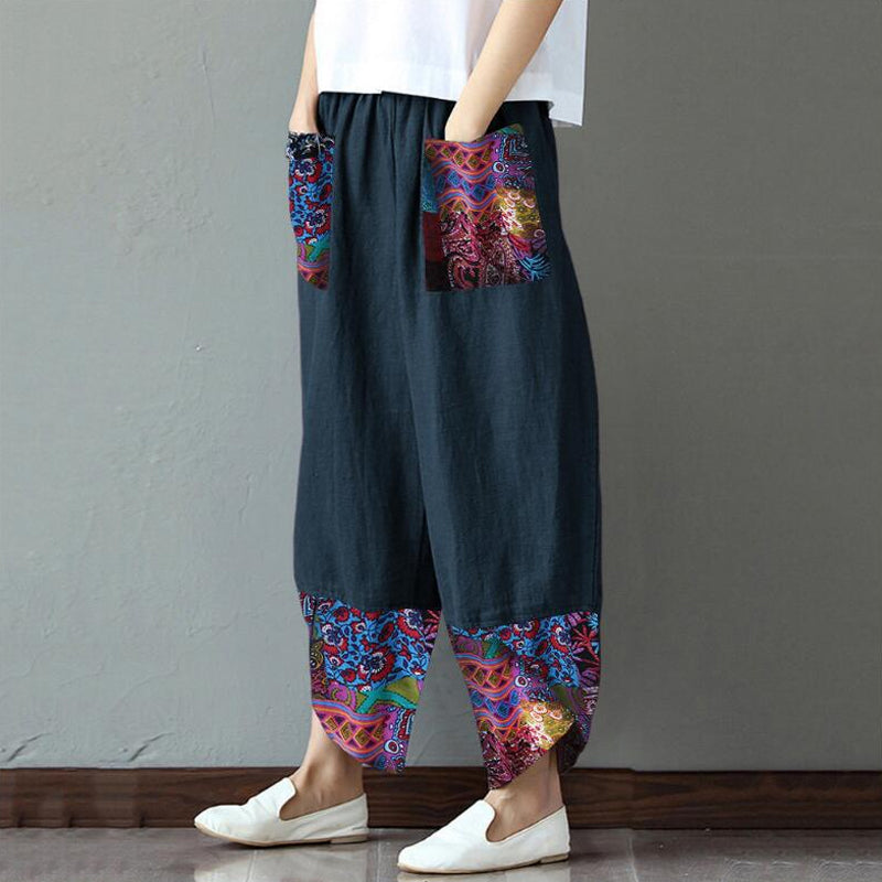 Printed cCtton and Linen Wide-leg Pants