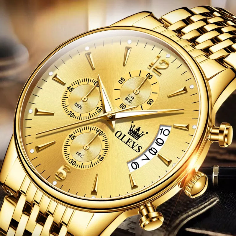 Luxury Gold Three-eye Chronograph Dial Automatic Mechanical Watch