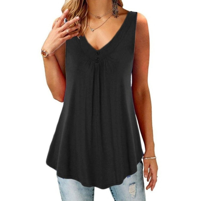 Solid V-Neck Pleated Button T-Shirt