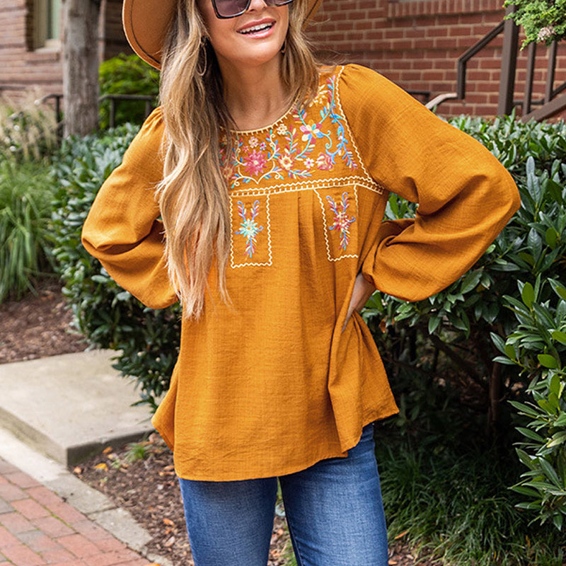 Ethnic Puff Sleeve Loose Crew Neck Pullover Top