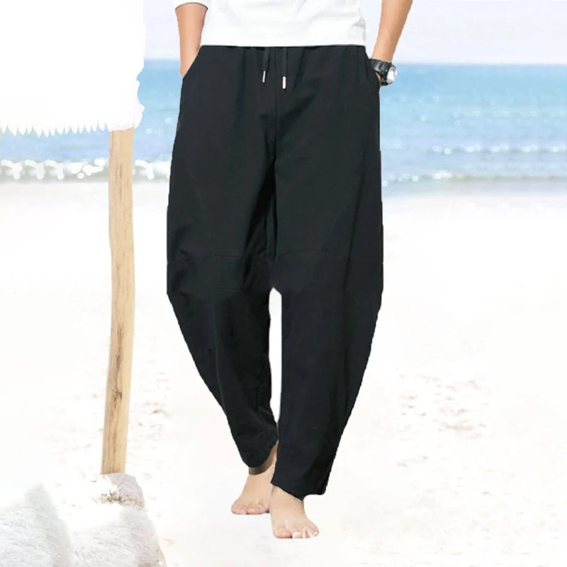 Men's Solid Color Patchwork Cotton Linen Trousers