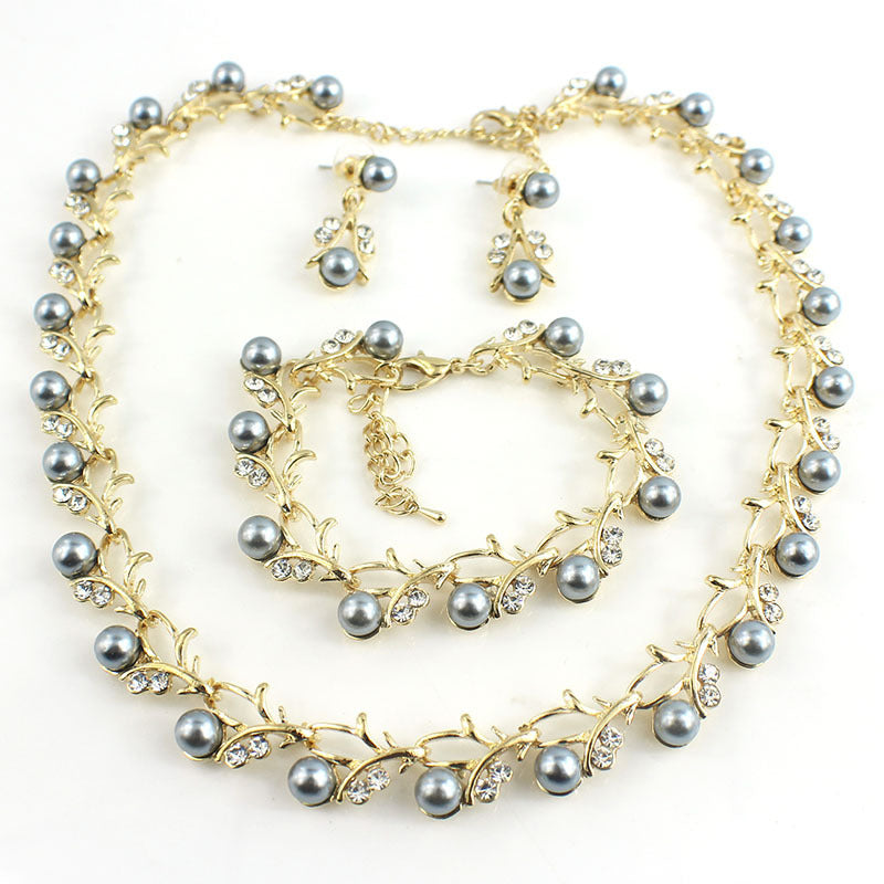 Three-Piece Pearl Earring Necklace Bracelet