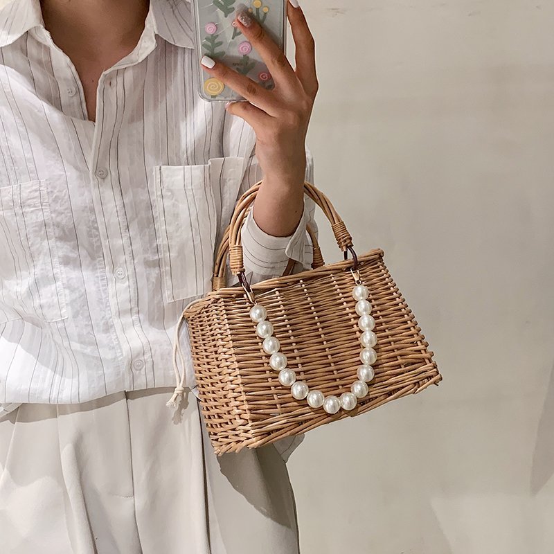 Faux Pearl Handle Straw Square Bag