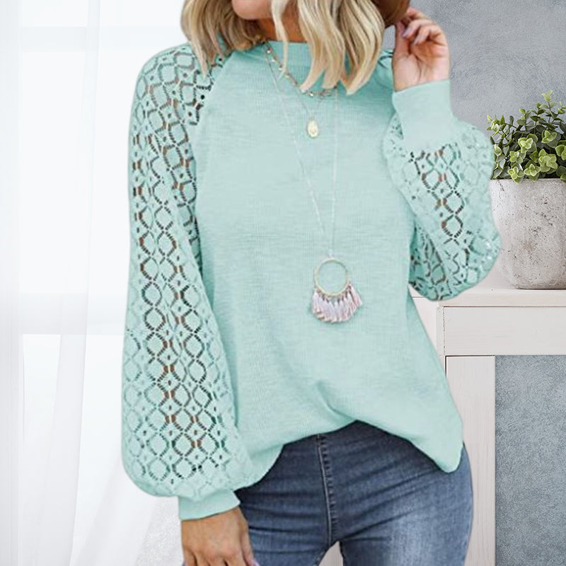 Round Neck Long Sleeve Lace Panel Loose T-Shirt