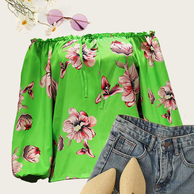 One-Line Neck Loose Print Top