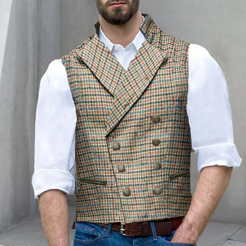 Check Double-Breasted Suit Collar Slim Cargo Vest